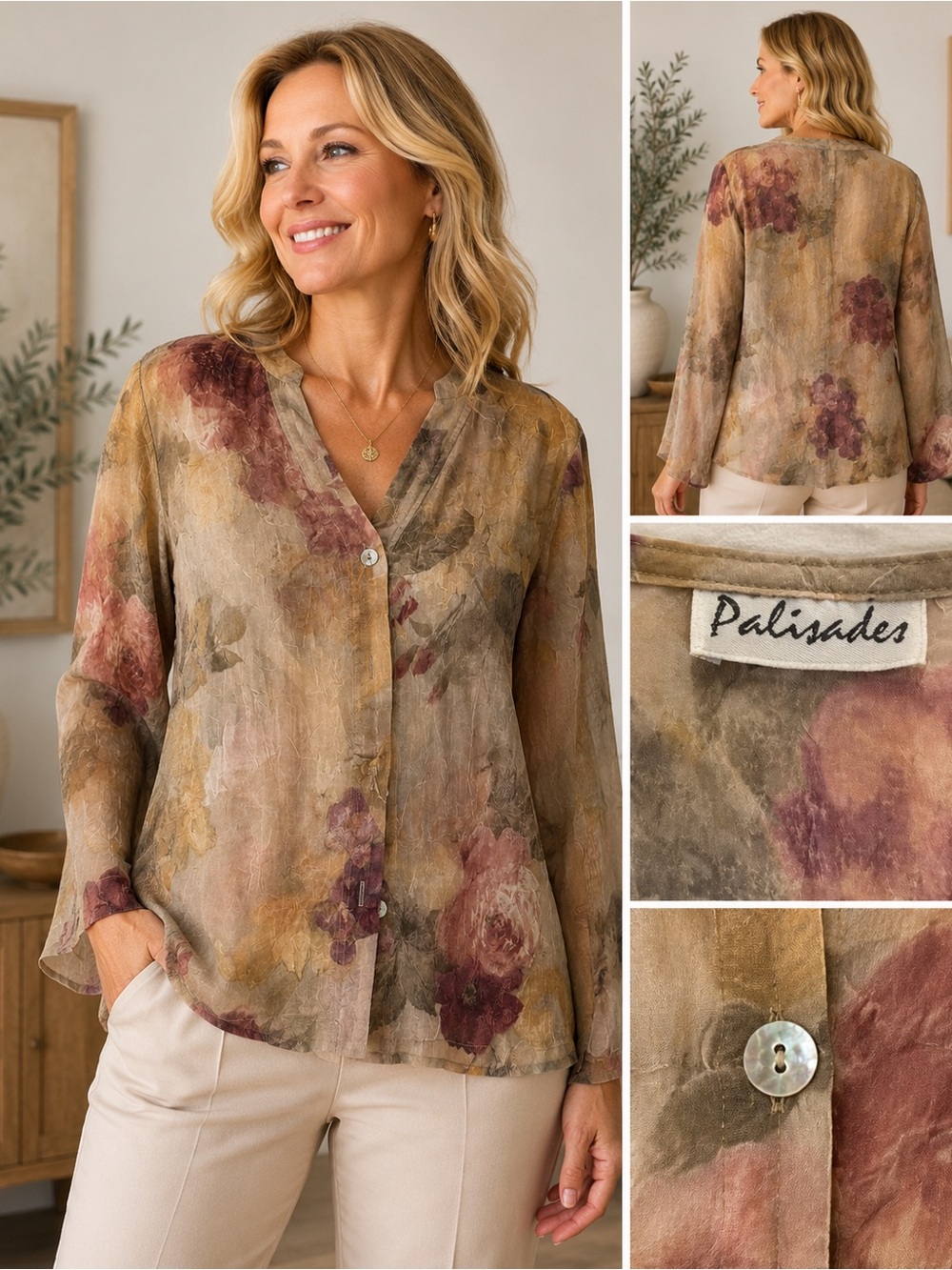 Palisades Vintage Sheer Floral Watercolor Blouse Beige Mauve Romantic Boho Top